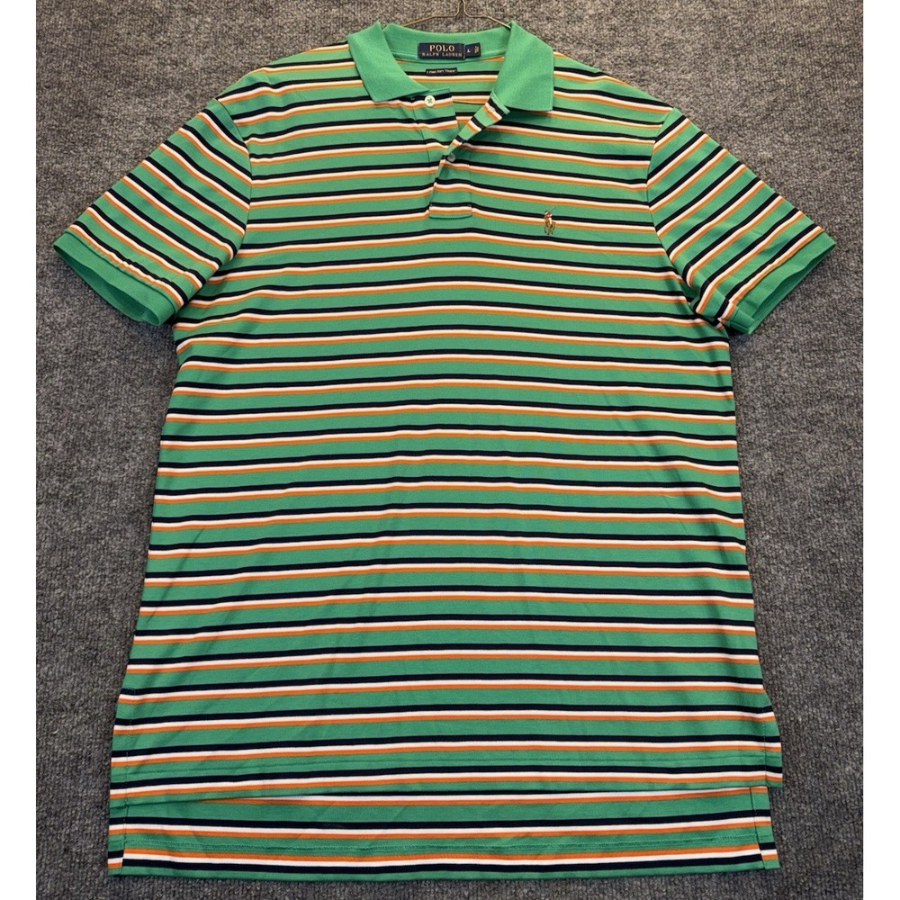 Polo Ralph Lauren Green Orange Navy Striped Polo Men's Size L Pima Cotton